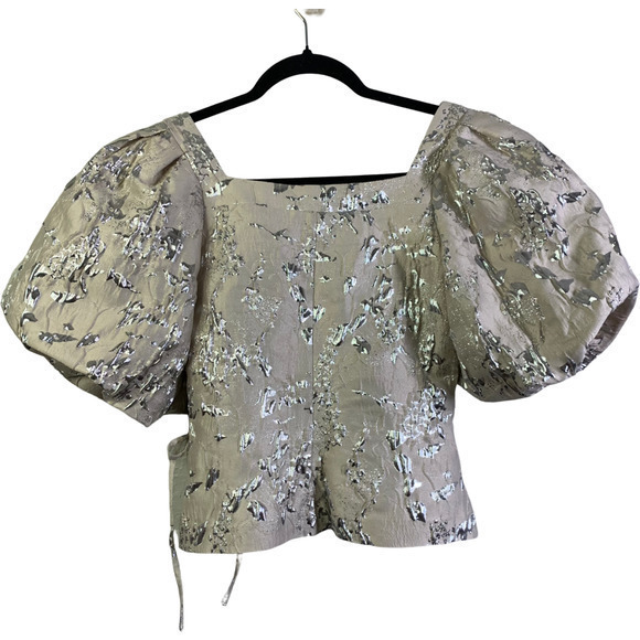 JONATHAN SIMKHAI Taylor Metallic Champagne Matelassé Puff Sleeve Wrap Top - NWT - Picture 7 of 11